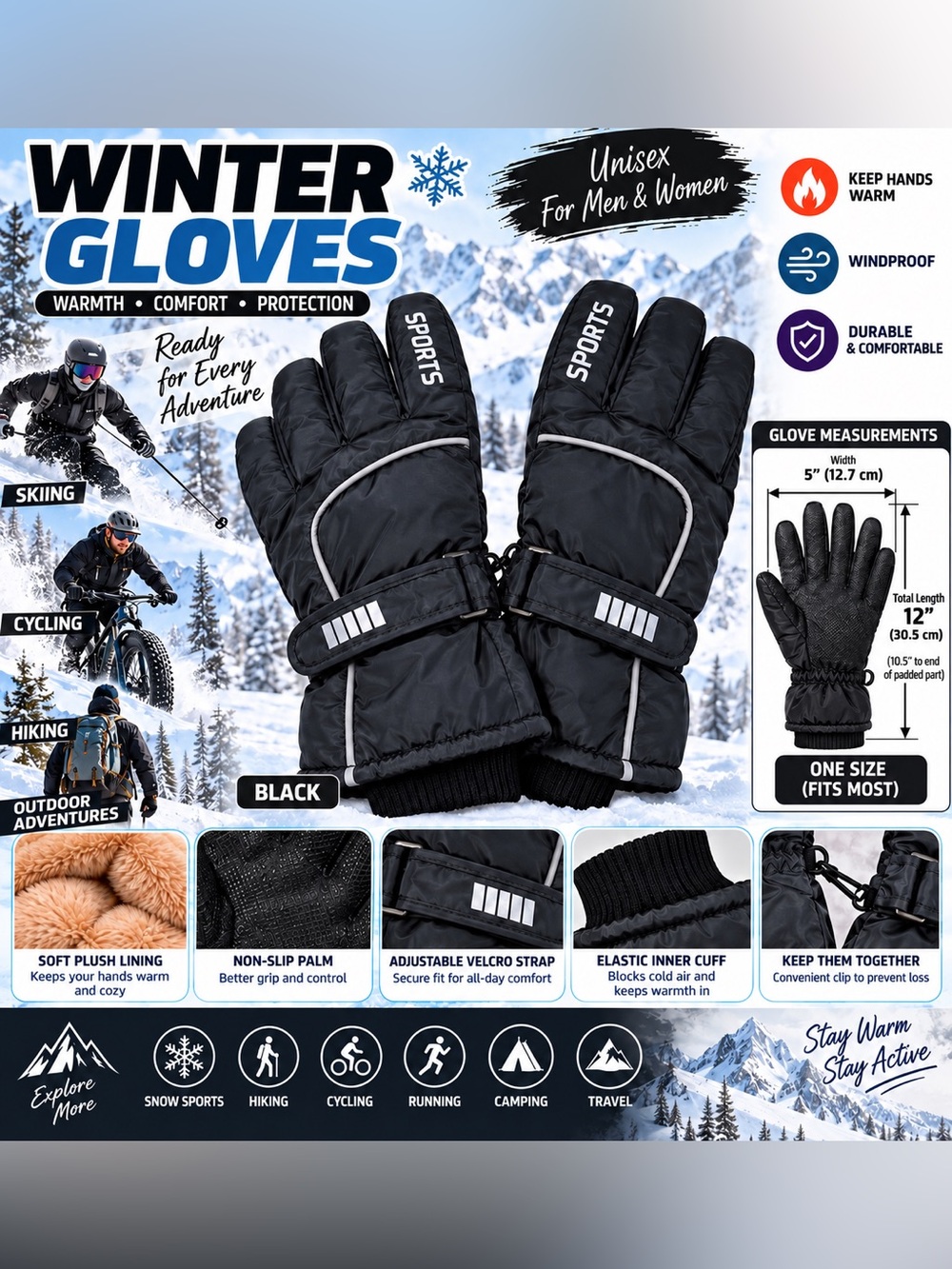 Unisex Winter Gloves Men Women Warm Plush Lined Adjustable Outdoor Ski Snow BLK